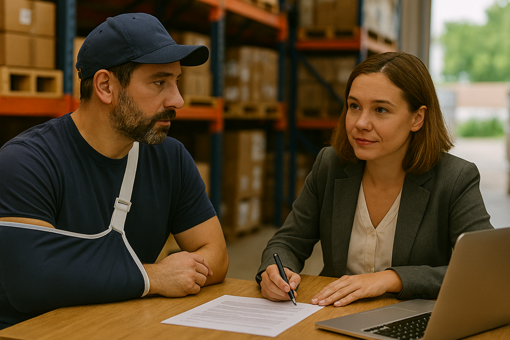 Injured worker discussing workers comp insurance
