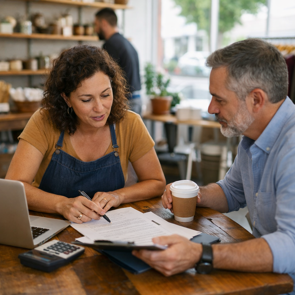 Small Business owners discussing insurance {{brizy_dc_image_alt entityId=