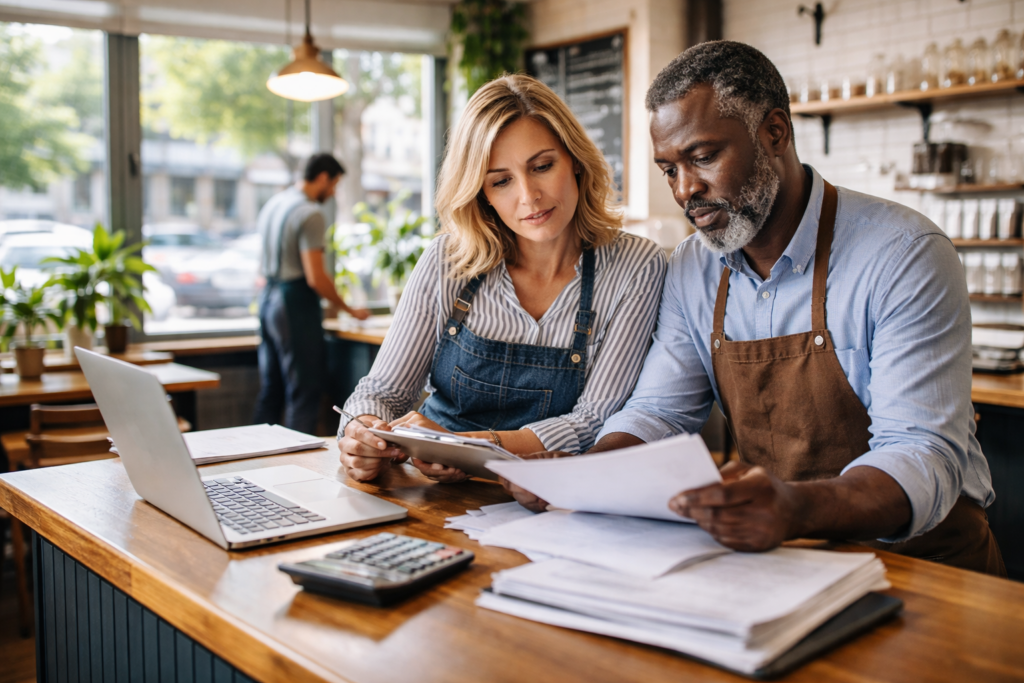 Two small business owners review their business insurance together.