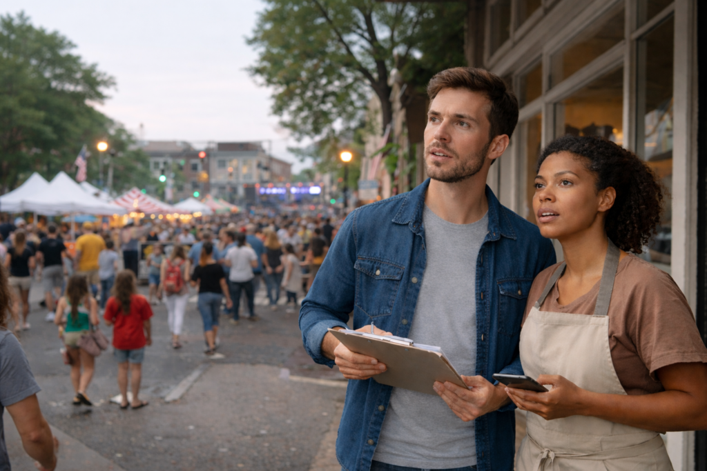 Business owners observe a large event happening just outside their storefront.