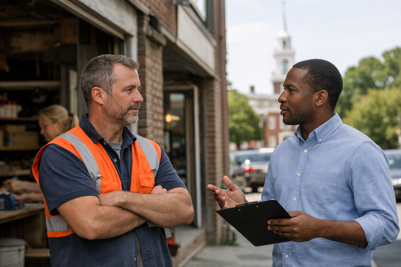 Insurance representative speaks with warehouse worker about general liability insurance {{brizy_dc_image_alt entityId=