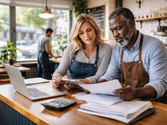 Two small business owners review their business insurance together.