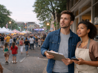 Business owners observe a large event happening just outside their storefront.